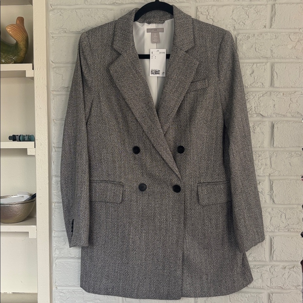 H&M Grey Black White Herringbone Double Breasted Oversized Blazer Size Small - Picture 3 of 7